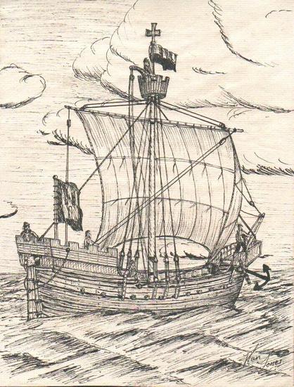 Zeichnung eines einmastigen Segelschiffs mit großem Rahsegel auf See.