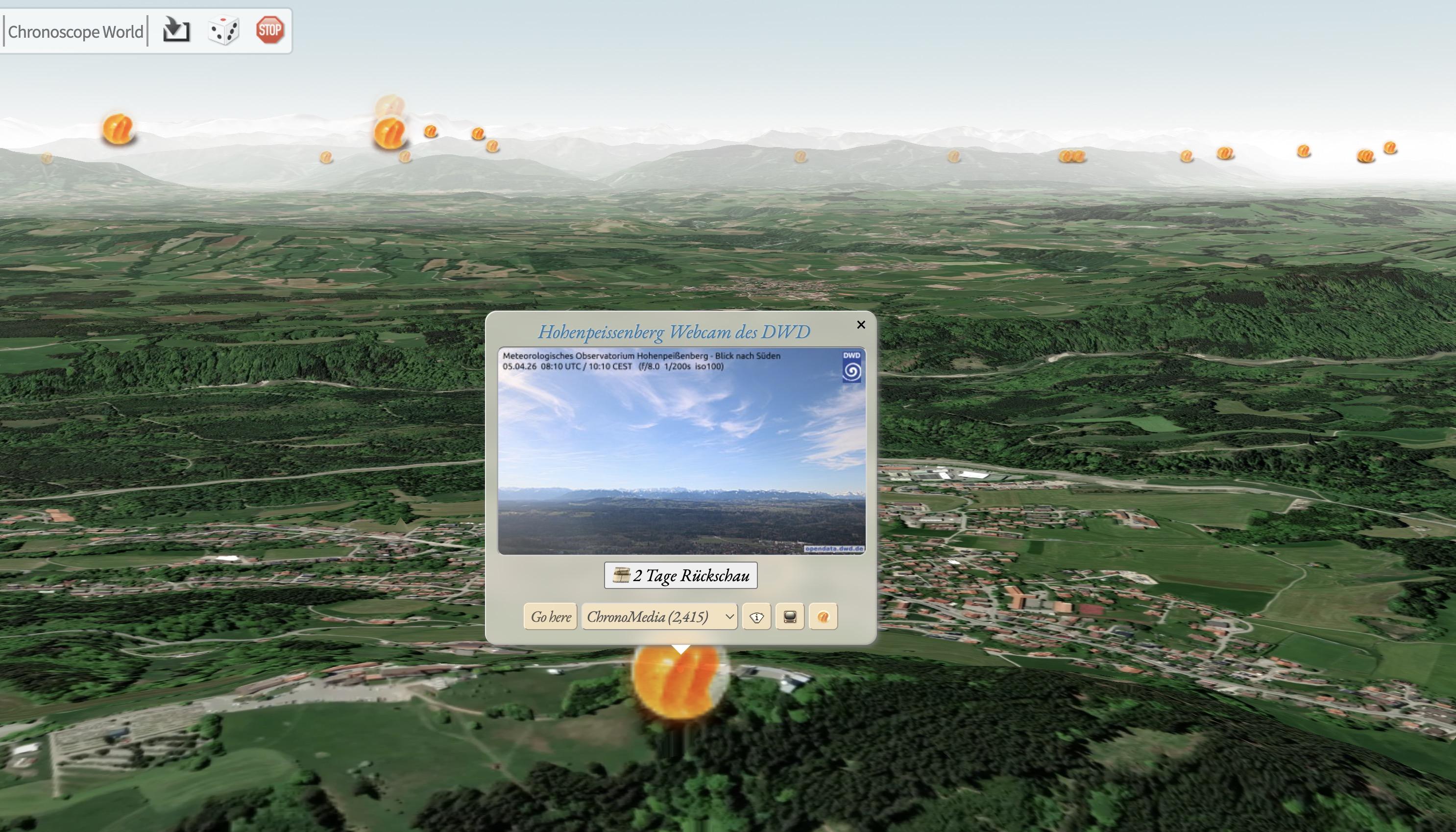 3D-Darstellung des Alpebvorlandes mit einem Popup einer Webcam, die die selbe Perspektive zeigt