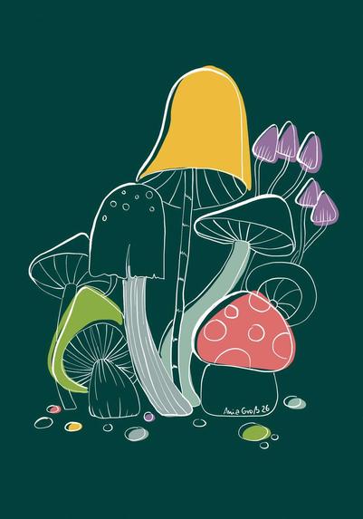 Dunkelgrüner Hintergrund. Davor eine Staude unterschiedliche Phantasie-Pilze in weißer Outline. Tw. coloriert. in hellen, lechtenden Farben, wobei die Farbflächen leicht „verrutscht“ sind. Einige Pilze haben sehr dicke, solide Stiele, andere gebogene, lange Stiele. Es sieht ein bisschen aus, als würden die Pilze tanzen.
© Ania Groß, keine Nutzung gestattet.