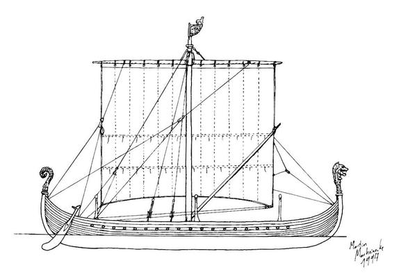 Seitenriss eines Wikinger-Langschiffs.