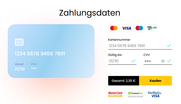 Screenshot einer Phishingseite. Die Seite hat eine offensichtlich falsche Kreditkartennummer (123456 usw.) akzeptiert und einen grünen Haken hinter die Nummer gemacht.