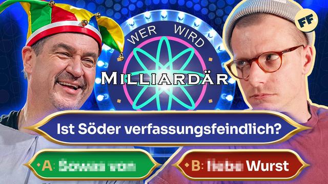 Moritz Neumeier und Markus Söder vor einem "Wer wird Milliardär"-Logo.