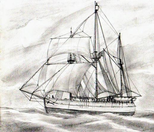 Bleistiftzeichnung eines dreimastigen Schiffs unter Segeln.