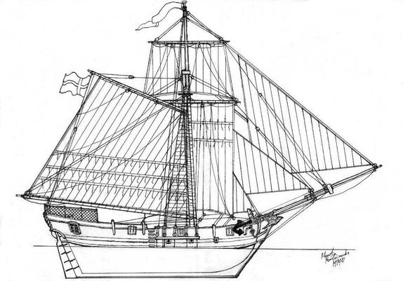 Seitenriss eines einmastigen Segeschiffs. l