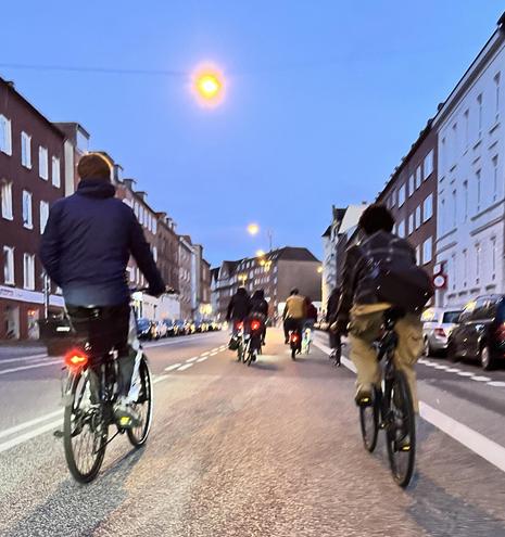 Foto von der Critical Mass Kiel  - eine große Gruppe radelt gemütlich auf einer sonst leeren Straße in der Abenddämmerung 