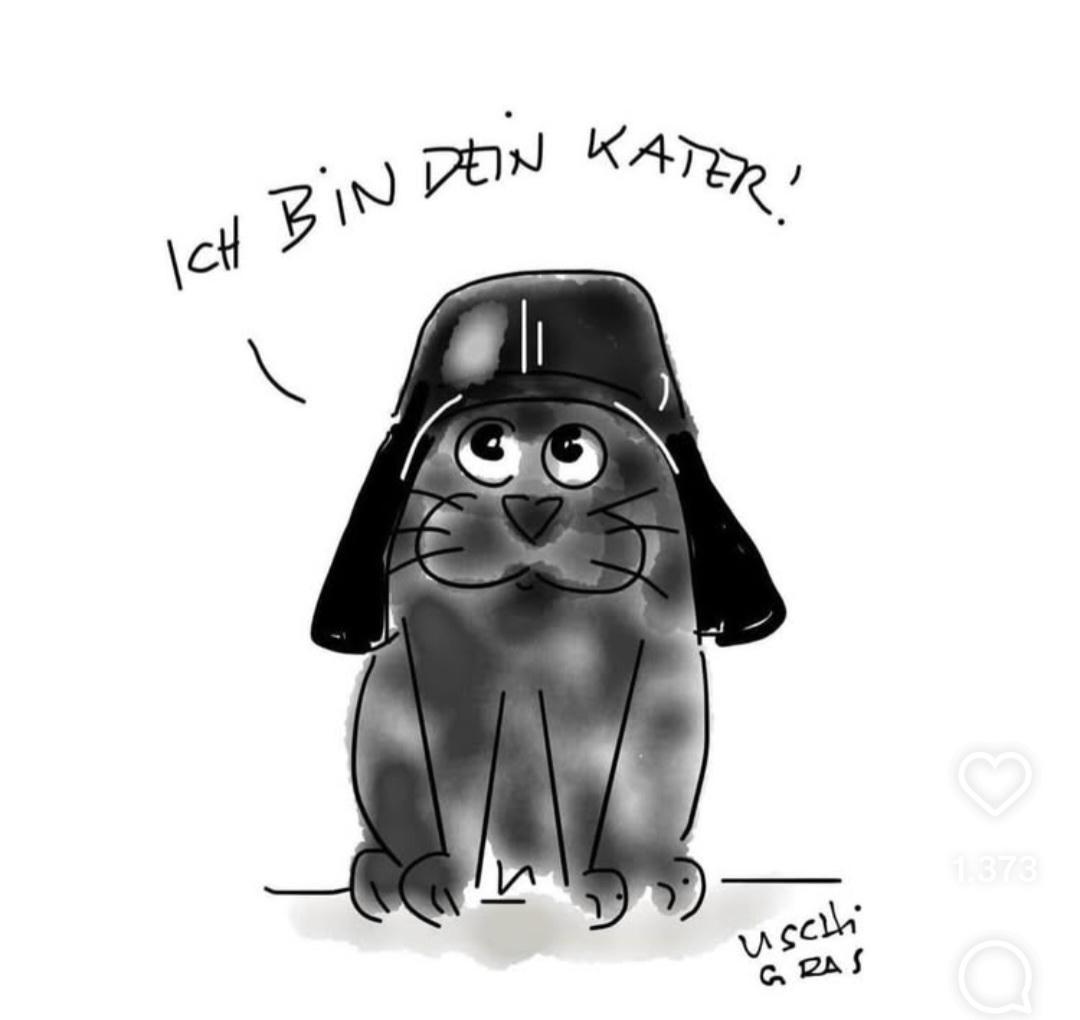 Eine schwarz-weiß Zeichnung. Eine schwarze Katze sitzt auf allen vier Pfoten. Sie trägt einen schwarzen übergroßen Helm. Über ihr steht 'Ich bin dein Kater!'