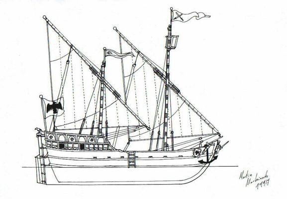 Seitenriss eines Segelschiffs mit zwei Lateinsegeln.