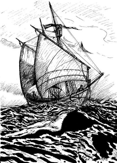 Zeichnung: Kleines Segelschiff mit zwei trapezförmigen Segeln in bewegter See.