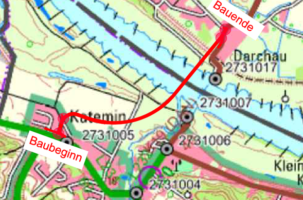 Karte mit geplanter Streckenführung der Brücke zwischen Darchau und Katemin