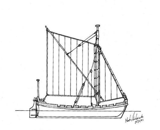 Zeichnung eines großen Bootes, das gerudert und gesegelt werden kann, mit gesetzten Segeln.
