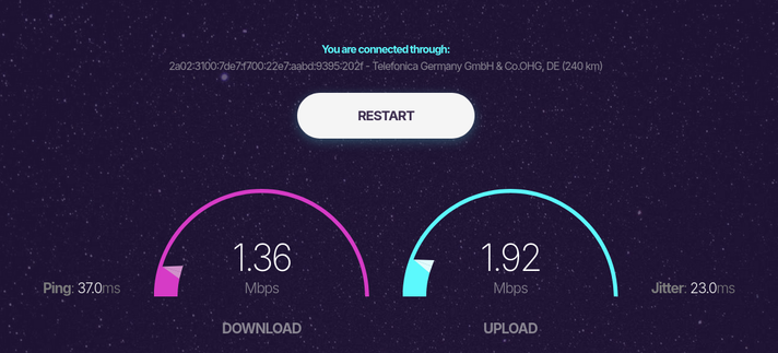 Das Bild zeigt ein Speedtest, wo links der Downloadspeed und rechts der Uploadspeed angezeigt wird. Der Speedtest wurde über librespeed,org durchgeführt