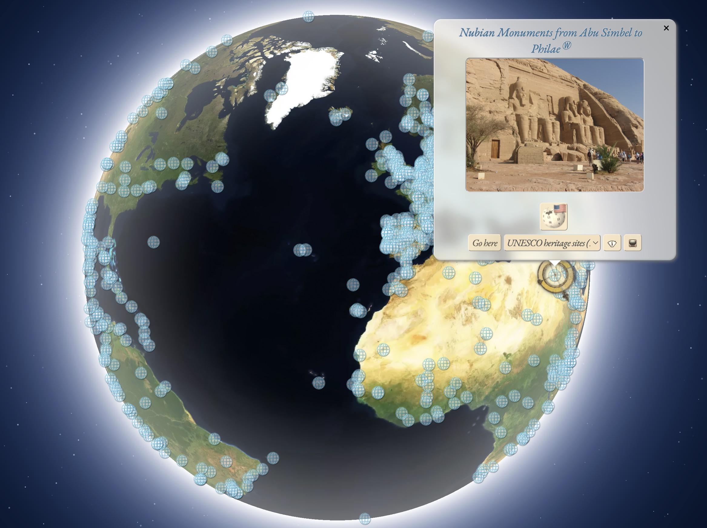 Screenshot. A globe with markes and a popup in Abu-Simbel