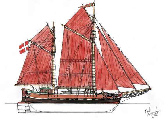 Kolorierte Zeichnung Eises zweimastigen Segelschiffs mit roten Segeln.