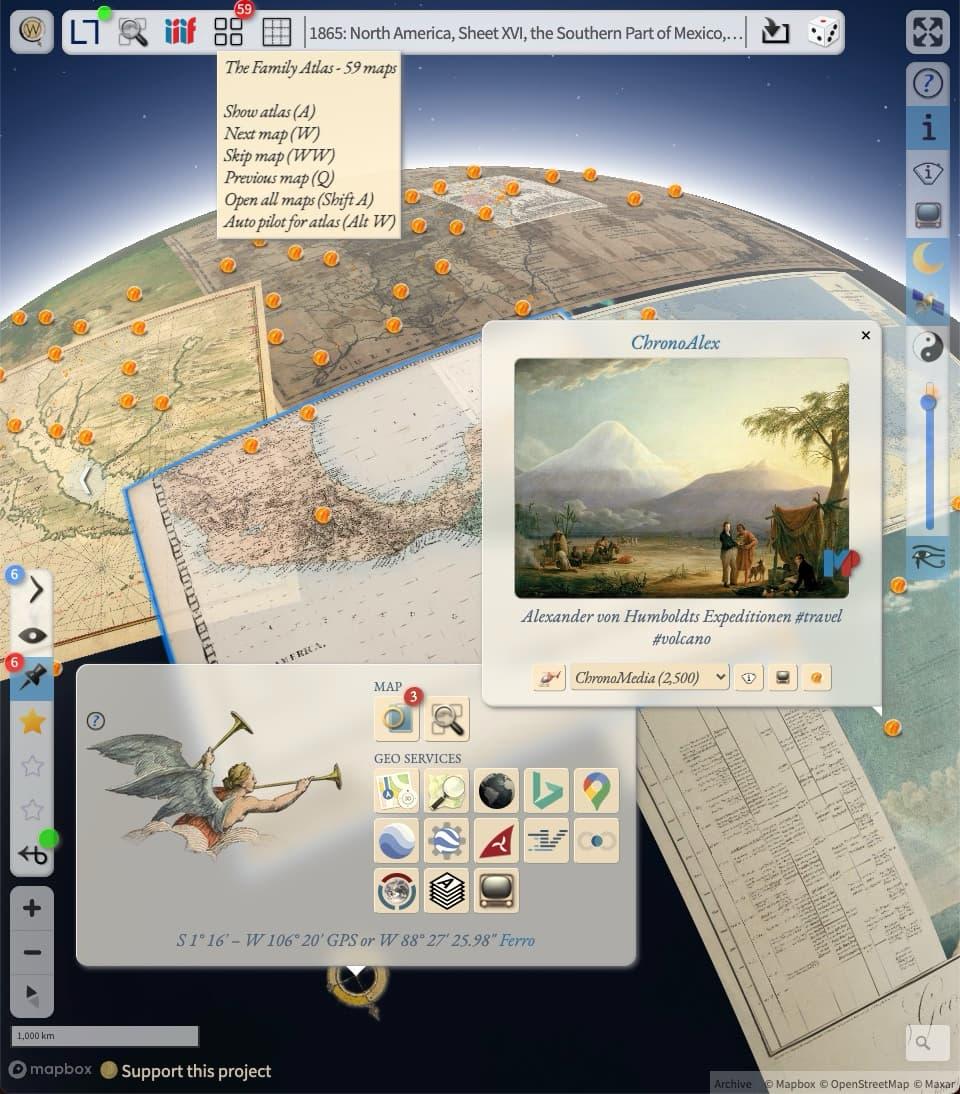 screenshot vom Chronoscope World. 5 alte Karten wickeln sich um den Globus. 2 Panels und ein Tooltipp sind geöffnet.