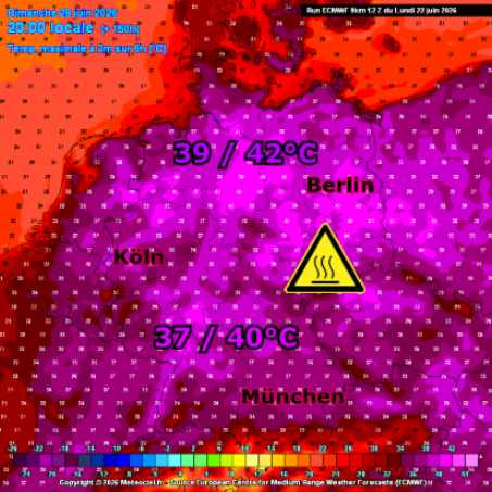 Farbliche deutschlandkarte mit zu erwartenden Temperaturen in der Umgebung Berlin 39 bis 42 Grad erhöhte waldbrandgefahr