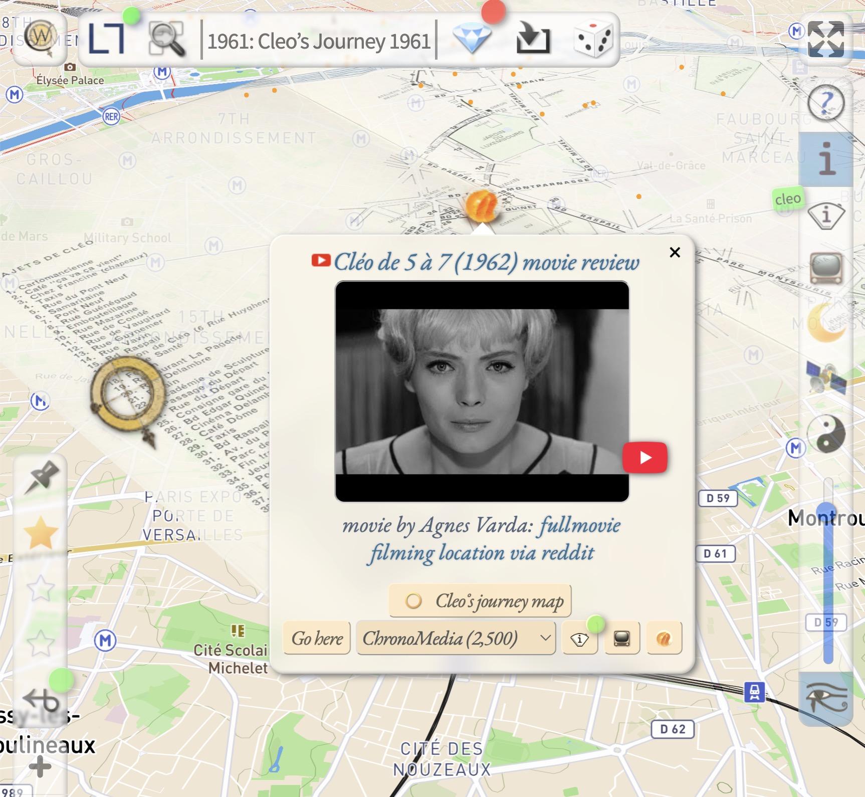 screenshot. A Paris streetmap with a popup panel: Cléo de 5 à 7 (1962) movie review, movie by Agnes Varda