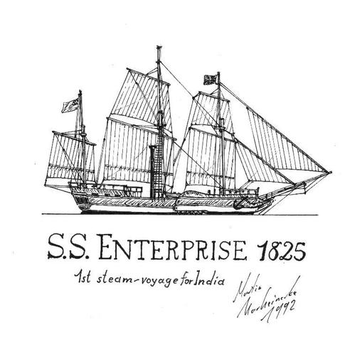 Skizze eines Schiffs mit drei Masten, einem langen Schornstein und Schaufelrädern. Darunter steht "S.S. Enterprise 1825, 1st steam-voyage for India"