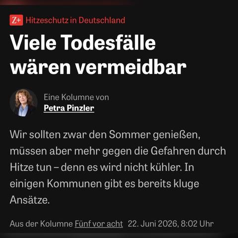 Hitzeschutz in Deutschland
:
Viele Todesfälle wären vermeidbar

Wir sollten zwar den Sommer genießen, müssen aber mehr gegen die Gefahren durch Hitze tun – denn es wird nicht kühler. In einigen Kommunen gibt es bereits kluge Ansätze.

