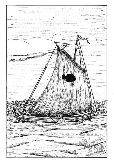 Zeichnung eines Segelbootes mit Seitenschwertern.