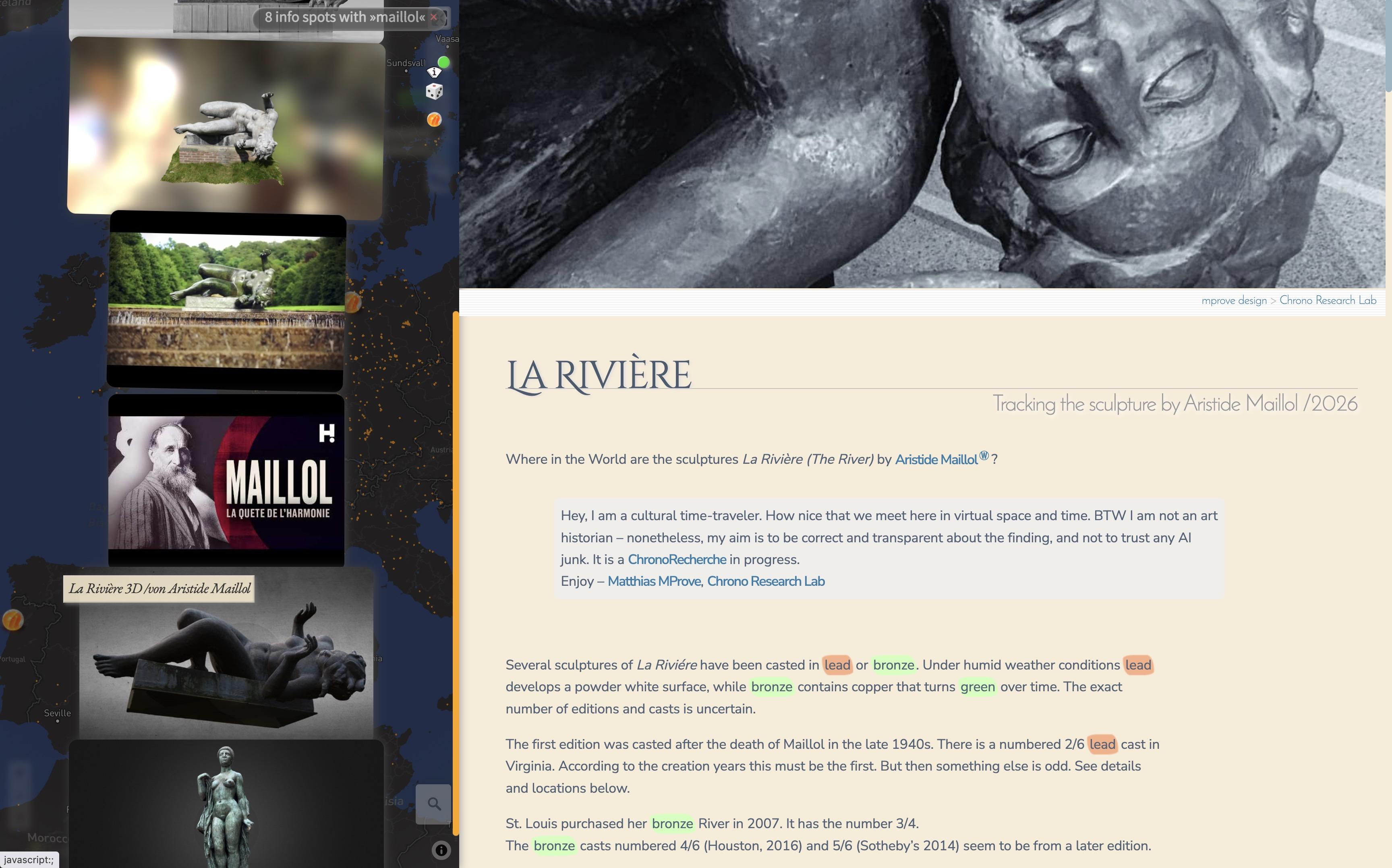 screenshot: on the left side 5 thumbnails with 3D models and a documentary on Aristide Maillol. Top right a black an white photo of a woman’s face upside down.