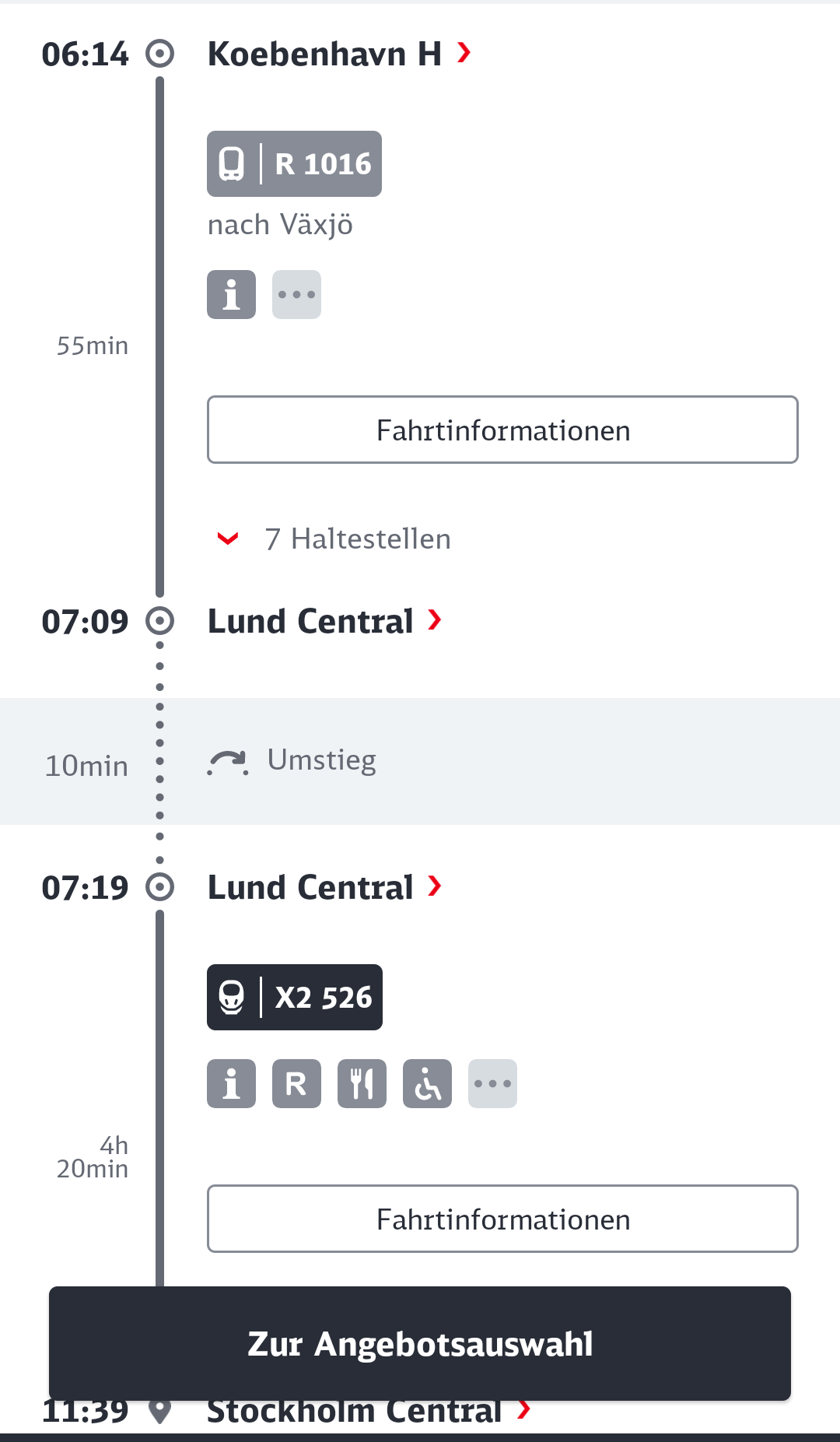Verbindungsauskunft der DB. In Kopenhagen kann um 6:14 Uhr abgefahren werden um um 11:39 Uhr in Stockholm zu sein. Umstieg ist in Lund mit 10 Minuten.