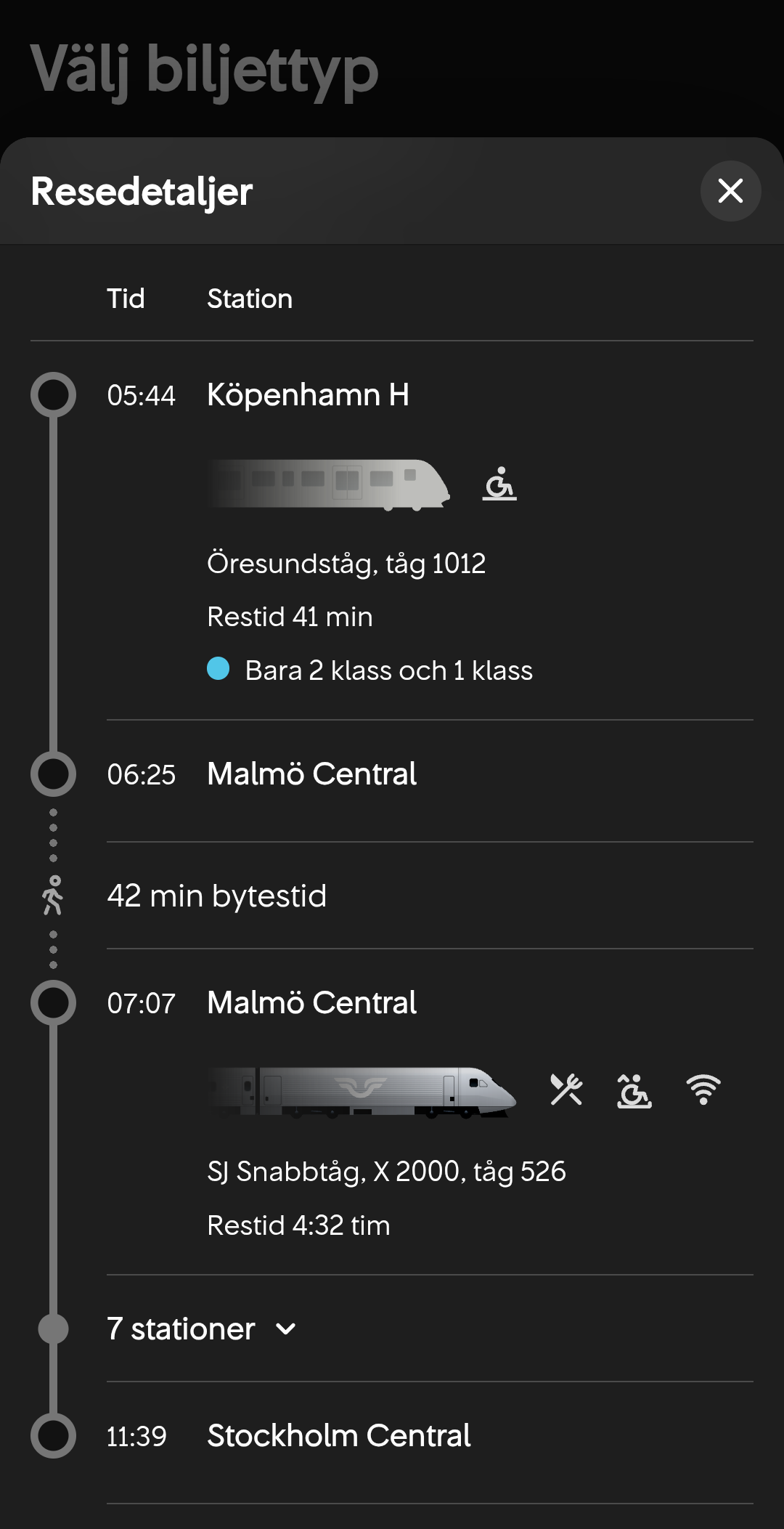 Verbindungsauskunft der SJ. In Kopenhagen muss um 5:44 Uhr gestartet werden um um 11:39 Uhr in Stockholm anzukommen. 42 Minuten Umsteigezeit in Malmö C.