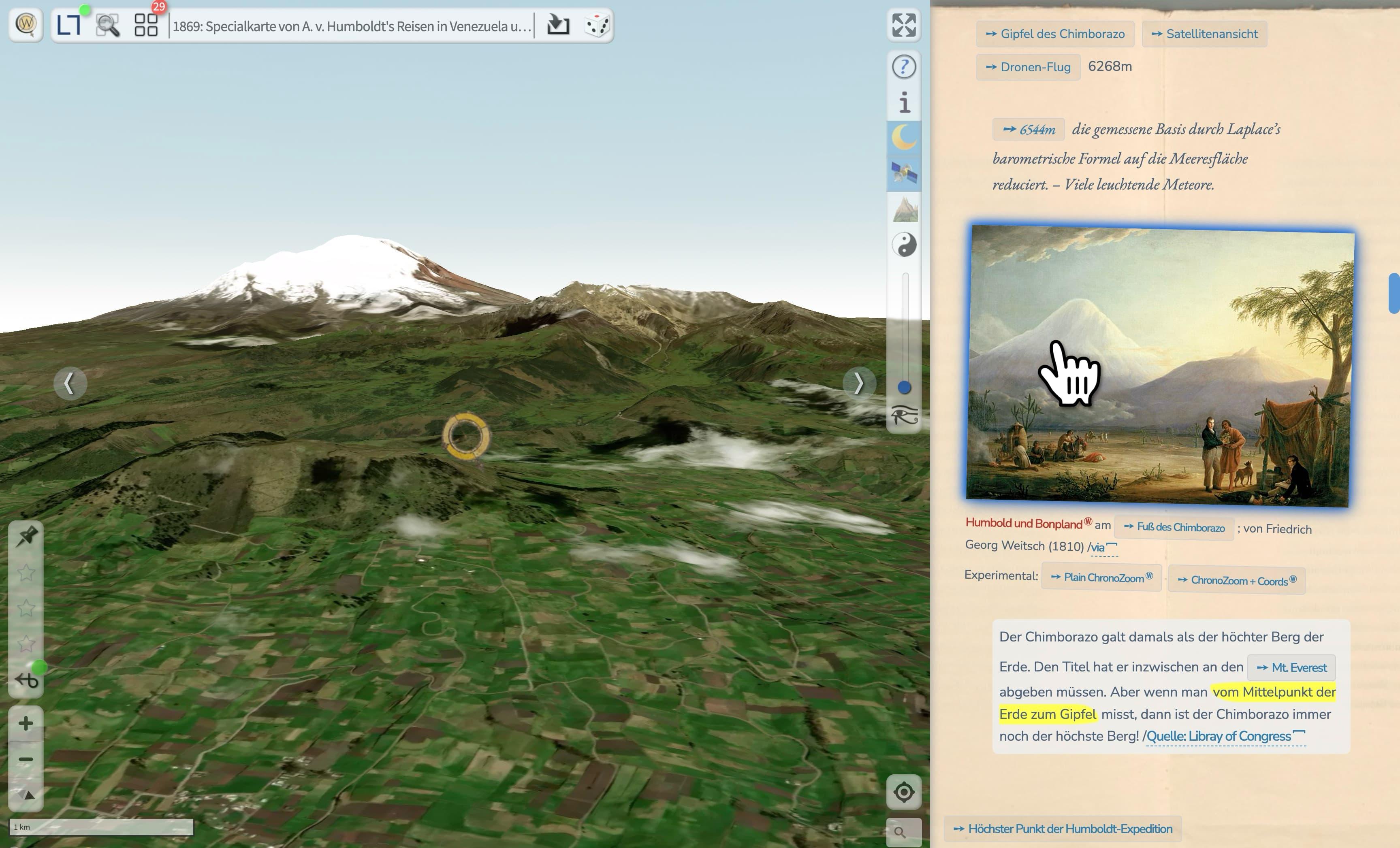 screenshot. Links eine 3D-Ansicht eines schneebekapten Berges. Rechts ein Gemälde des selben Berges.