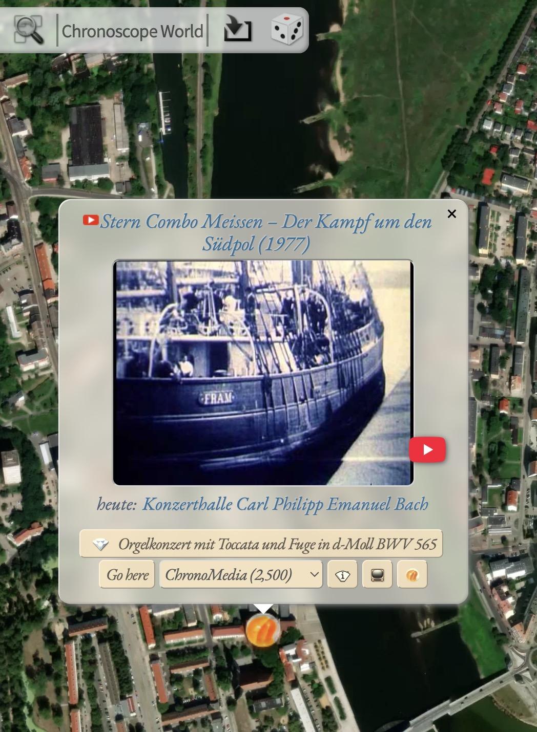 Screenshot. Ein Popupfenster über Frankfurt/Oder. Zu sehen ist darin das Segelschiff FRAM.