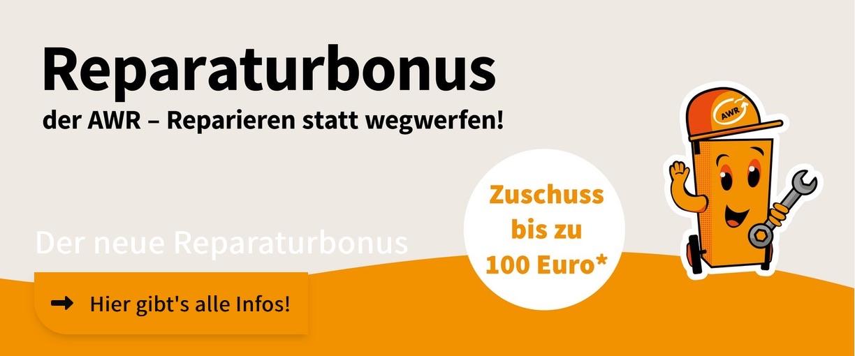 Screenshot von awr.de: Eine Werbegrafik für den „Reparaturbonus“ von AWR, die dazu aufruft, Geräte zu reparieren statt sie zu entsorgen. Darin wird ein Zuschuss von bis zu 100 Euro erwähnt und eine Comicfigur mit einem Schraubenschlüssel abgebildet. Über einen Call-to-Action werden weitere Informationen angeboten.