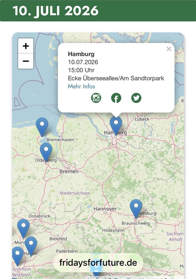 Das Bild zeigt einen Kartenausschnitt. am 10.7.2026, um 15:00 Uhr, gibt es eine Demo von Fridays for Future. In Hamburg. Ecke Übersee Allee/AmSandtor  Park