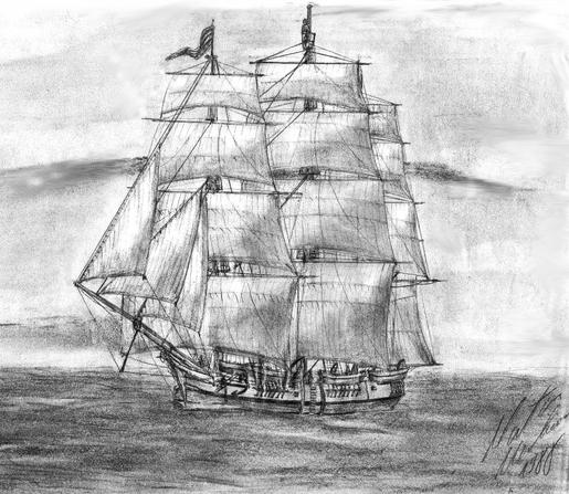Bleistiftzeichnung eines Segelschiff mit drei Masten und gesetzten Rahsegeln, von schräg vorn gesehen, bei ruhiger See.
