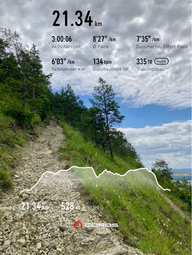 A trail with gravel leads steeply uphill towards the back. The slope drops away to the right, where it is covered with a little grass, and further back there are also a few trees. At the right-hand edge of the picture, another narrow, parallel trail can be seen a bit further down. The sky is mostly covered by a few clouds, but in one spot it is clear and blue.

There‘s an overlay with the run data in black text over the clouds: 21.34 km, activity time 3:00:06, average pace 8'27''/km, average effort pace 7'35''/km, fastest km 6'03''/km, average heart rate 134 bpm, training load 335 TB High. Further down, the elevation profile of the run is also as an overlay on the image; according to Coros, the total ascent was 528 m.