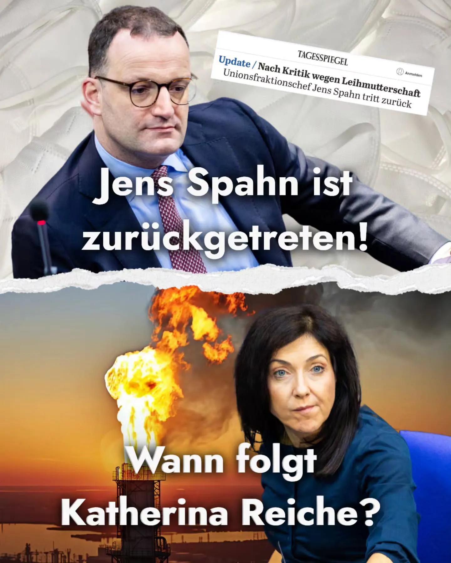 Zwei Bilder, Jens Spahn ist zurückgetreten, wann folgt Katharina Reiche
