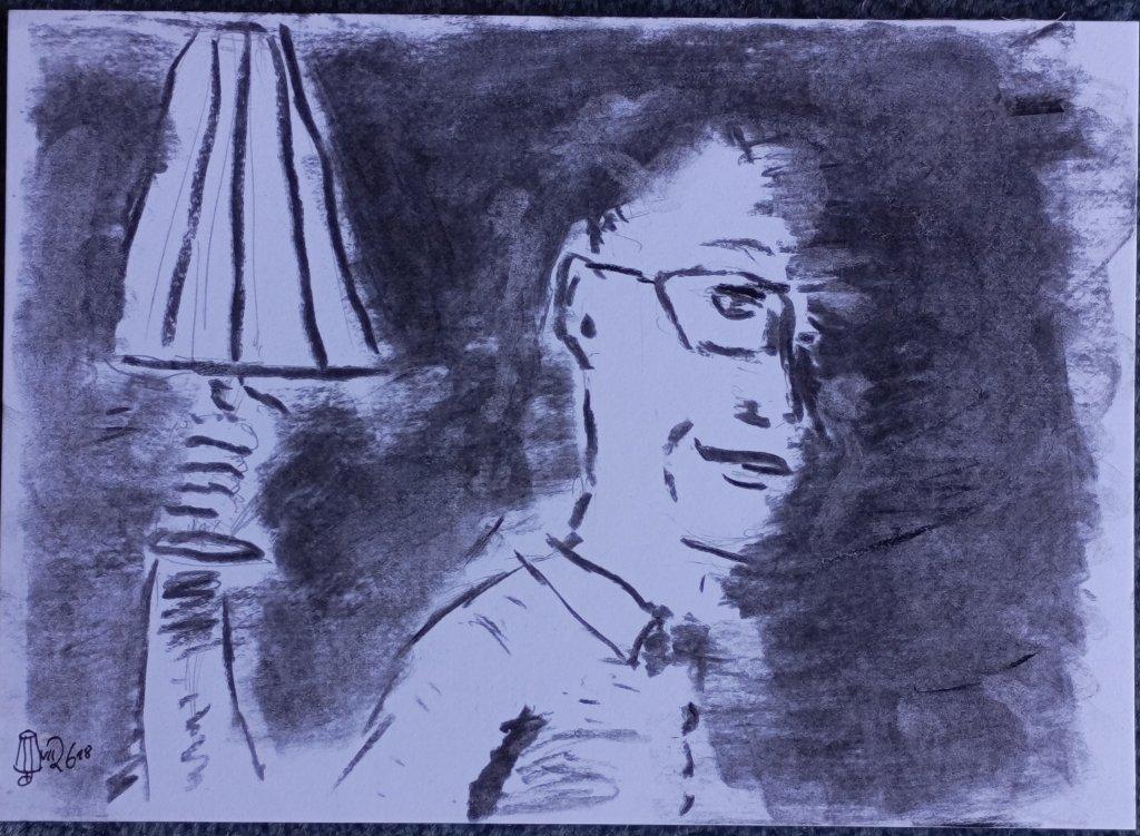 Zeichnung Kohle, in groben Strichen, ein Mann im  Dunkel mit einer Lampe in der rechten Hand. Profil.