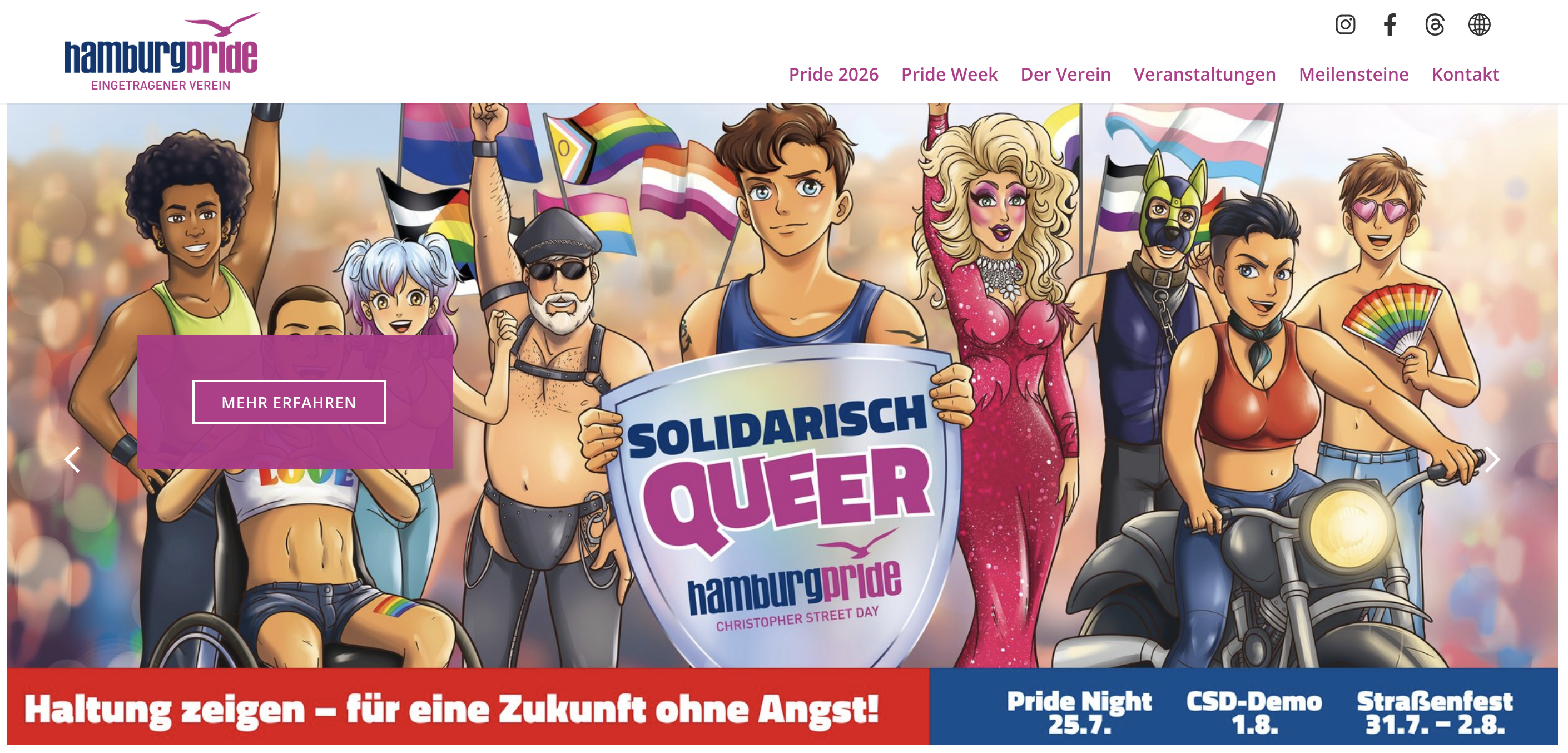 Comic image with several people representing Queer diversity. A man is holding a sign that says SOLIDARISCH QUEER.