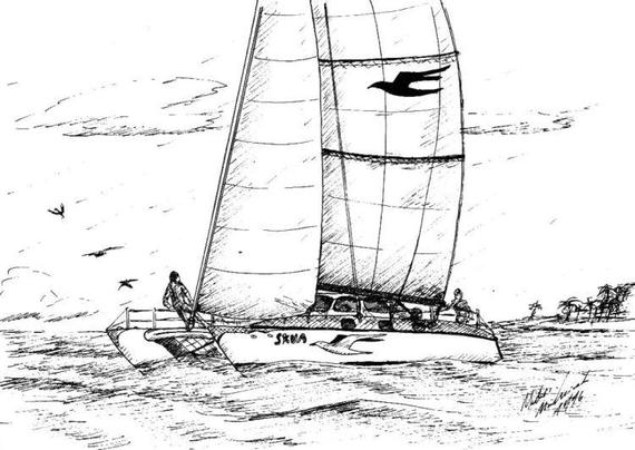 Federzeichnung eines Katamarane (Doppelrumpfboot) auf See.