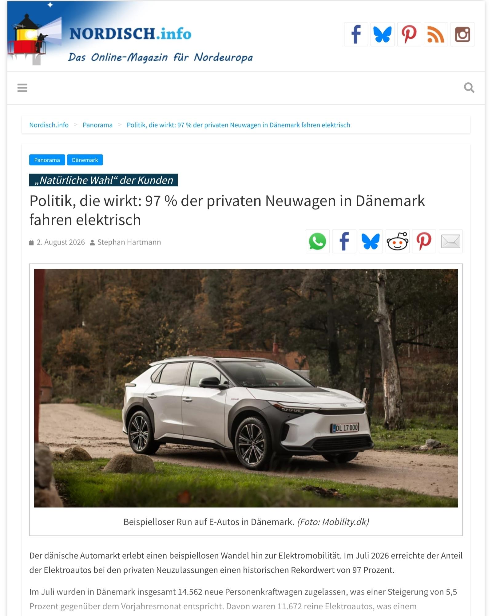 Nordisch Info, Politik, die wirkt, 97% der privaten Neuwagen in Dänemark fahren elektrisch