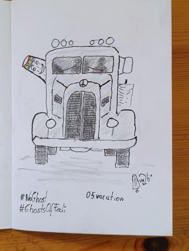 Zeichnung, Tinte, Bleistift, Farbstift: ein amerikanischer älterer Truck, frontal, hinter der Windschutzscheibe sind zwei Gestalten zu sehen. Der lampengeist lehnt sich mit regenbogenstirnband aus dem seitenfenster