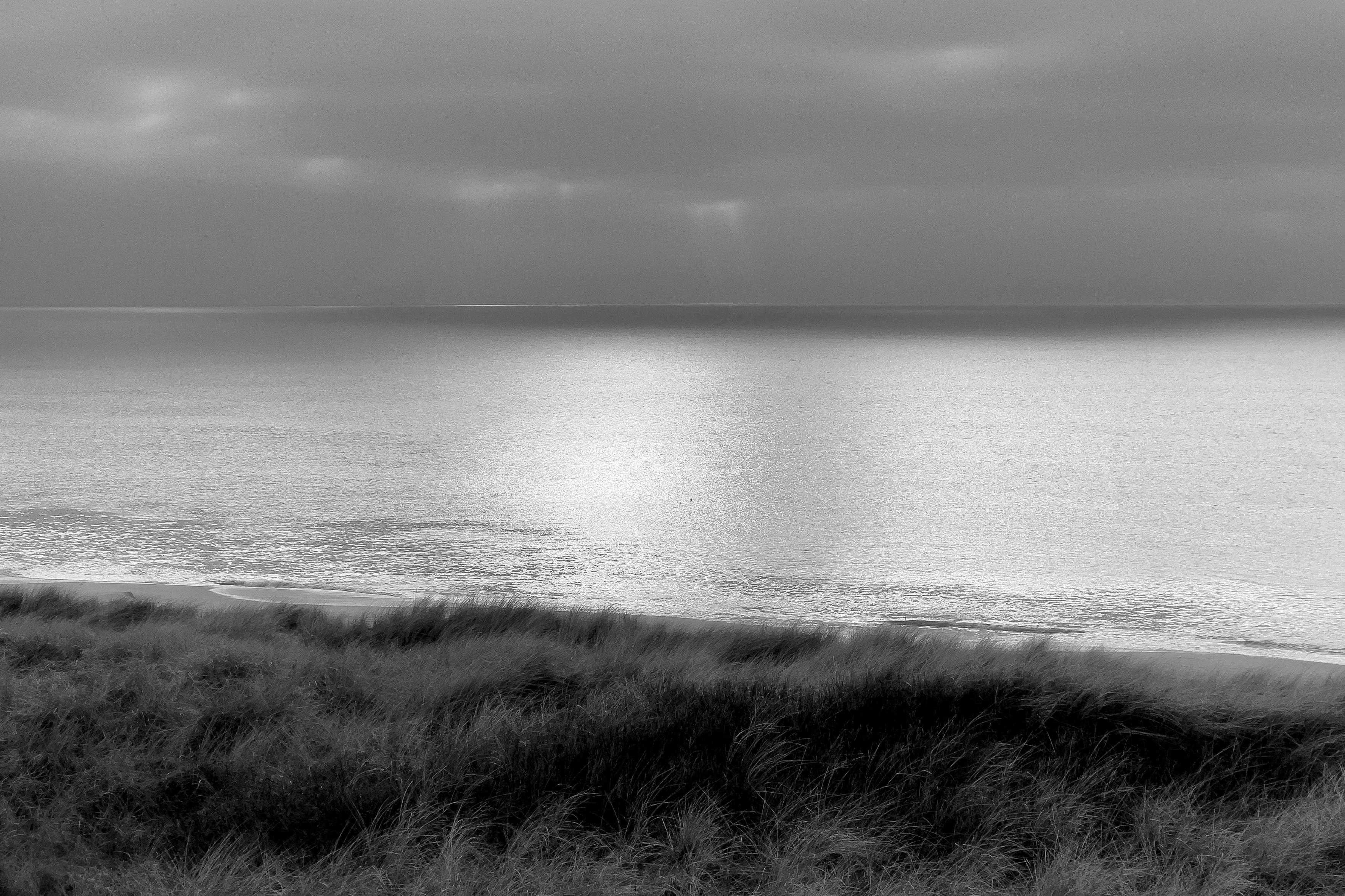 Eine schwarz-weiße Aufnahme vom Meer: Im Vordergrund Dünen mit Gras, dahinter die Nordsee, die silbrig glänzt, am Horizont ein heller Streifen und darüber ein dunkelgrauer wolkenverhangener Himmel. Die Stimmung ist friedlich.

A black-and-white photograph of the sea: in the foreground, grassy dunes, behind them, the North Sea, glistening silver. On the horizon a pale strip and above it, a dark grey, cloud-covered sky. The atmosphere is peaceful.