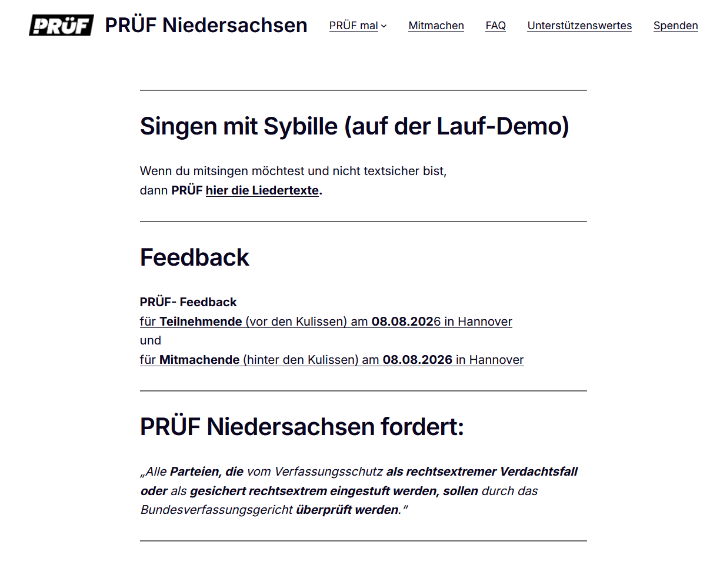 Screenshot des Pruef-Niedersachsen Webauftritts, bei dem im allerersten anklickbaren Link die Liedtexte zu finden sind, mit dem Linknamen "hier die Liedertexte"

Der komplette Link: https://pruef-demos.de/wp-content/uploads/2026/08/NI-PRUeF-SINGEN-mit-Sybille-am-08.08.2026.pdf