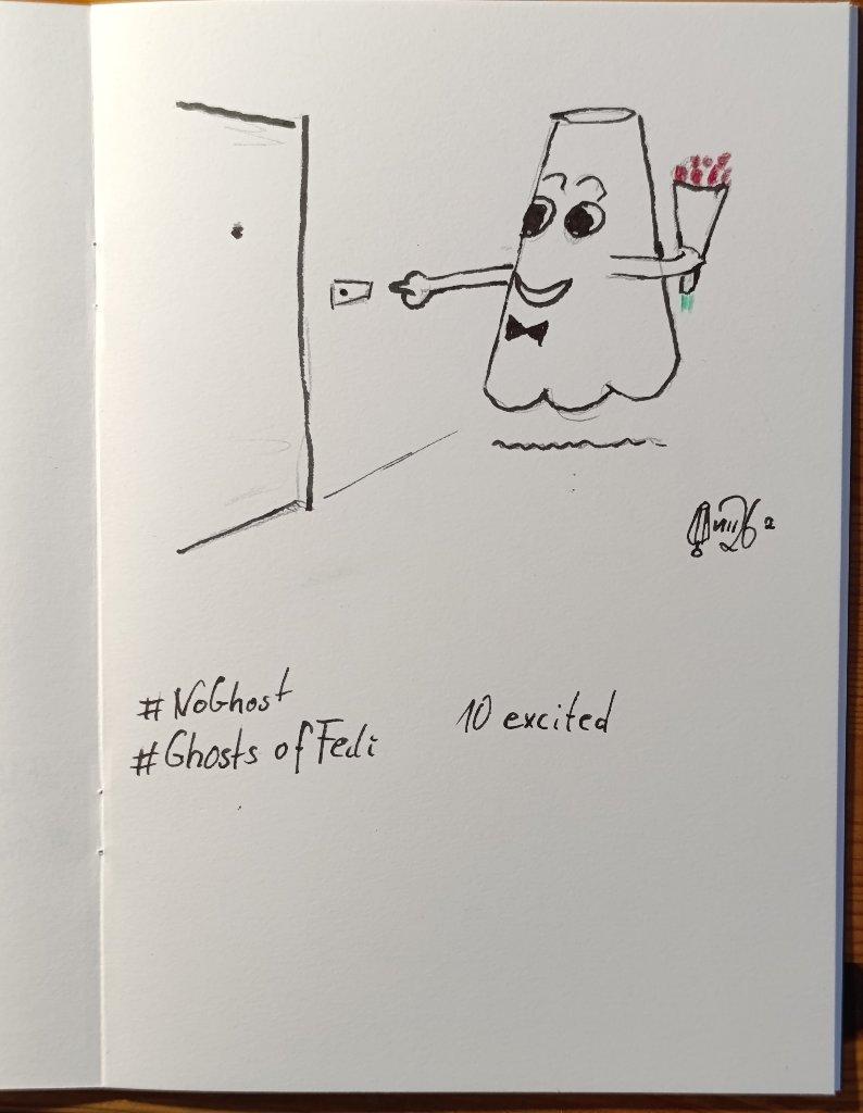 Zeichnung, Tinte, Buntstift. 
Der lampengeist mit Fliege und Blumenstrauß in Papier klingelt erwartungsvoll aufgeregt an einer Tür