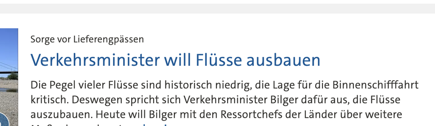 Verkehrsminister will Flüsse ausbauen
Stand: 12.08.2026 • 05:08 Uhr
Die Pegel vieler Flüsse sind historisch niedrig, die Lage für die Binnenschifffahrt kritisch. Deswegen spricht sich Verkehrsminister Bilger dafür aus, die Flüsse auszubauen.