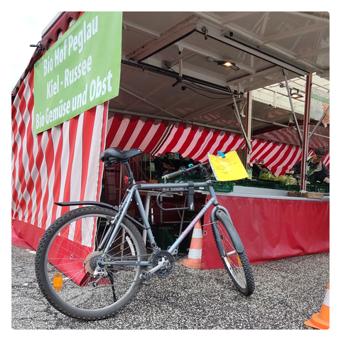 Ein altes Stahl-MTB von Raleigh zum Verkauf an einem Marktstand.