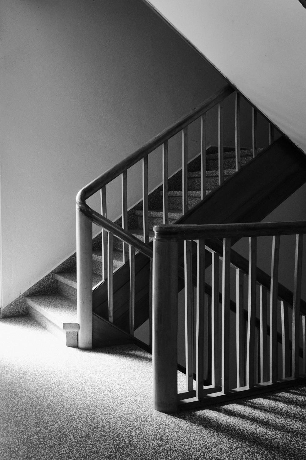black and white picture of a staircase in an appartment building; schwarz-weiß Foto von einer Treppe in einem Mehrfamilienhaus