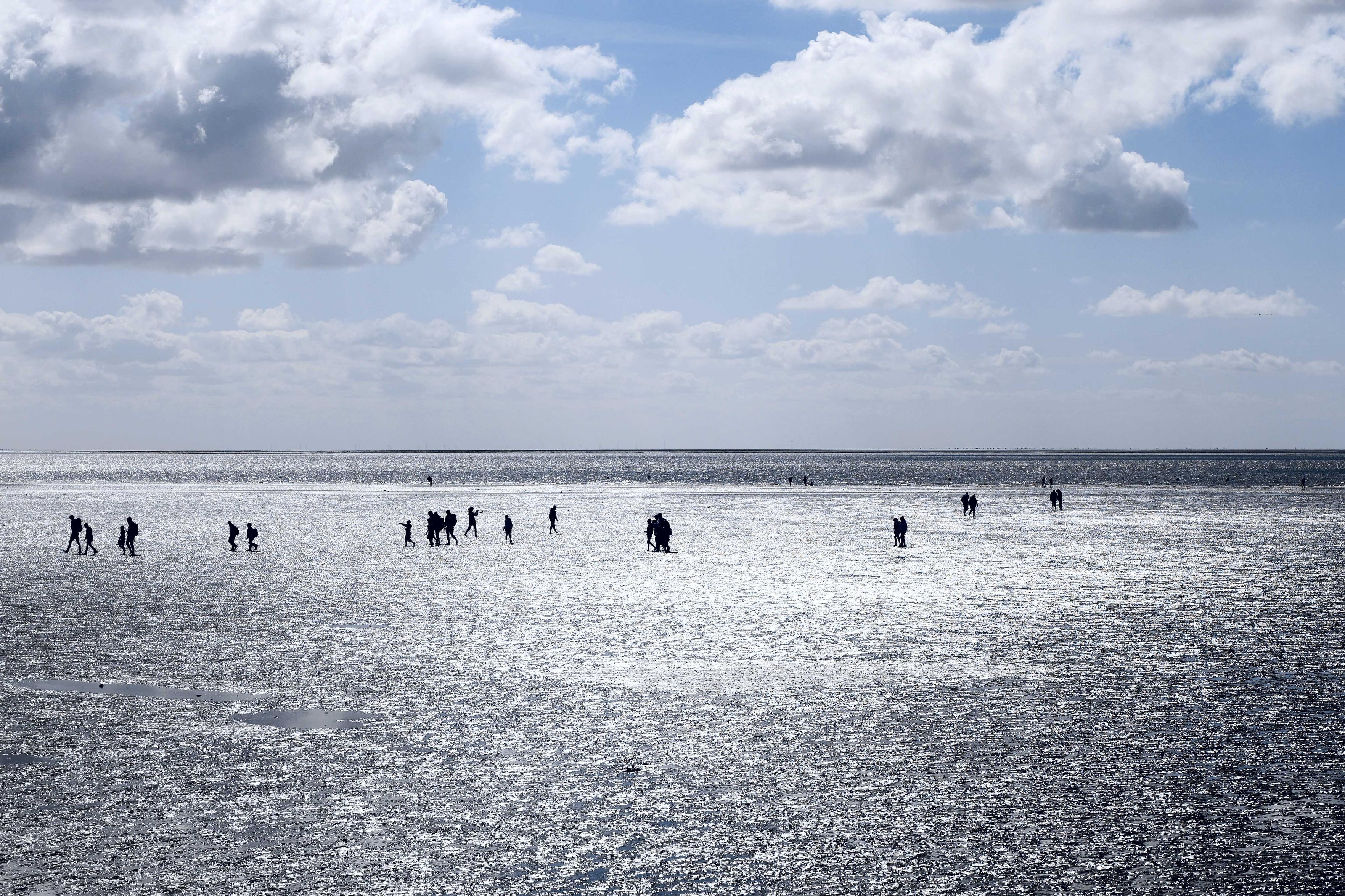 Menschen laufen bei Ebbe durch das Wattenmeer bei Büsum. Strahlender Sonnenschein bringt das Watt zum Funkeln. Die Menschen sind nur kleine Silhouetten in der Landschaft, die nur bei ablaufendem Wasser zu nutzen ist. Der Himmel darüber blau mit dicken weiß-grauen Wolken.

People are walking across the mudflats near Büsum at low tide. Bright sunshine makes the mudflats glisten. The people are just small silhouettes in the landscape, which can only be accessed when the tide is out. The sky above is blue, dotted with thick white-grey clouds.