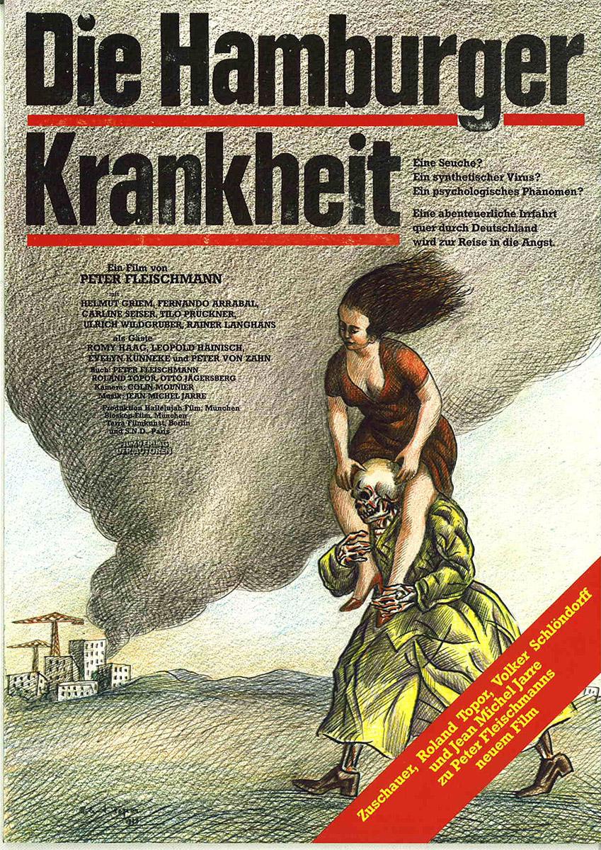 Filmplakat für "Die Hamburger Krankheit". Zeichnung. Der Tod trägt eine Frau im roten Kleid auf den Schultern.