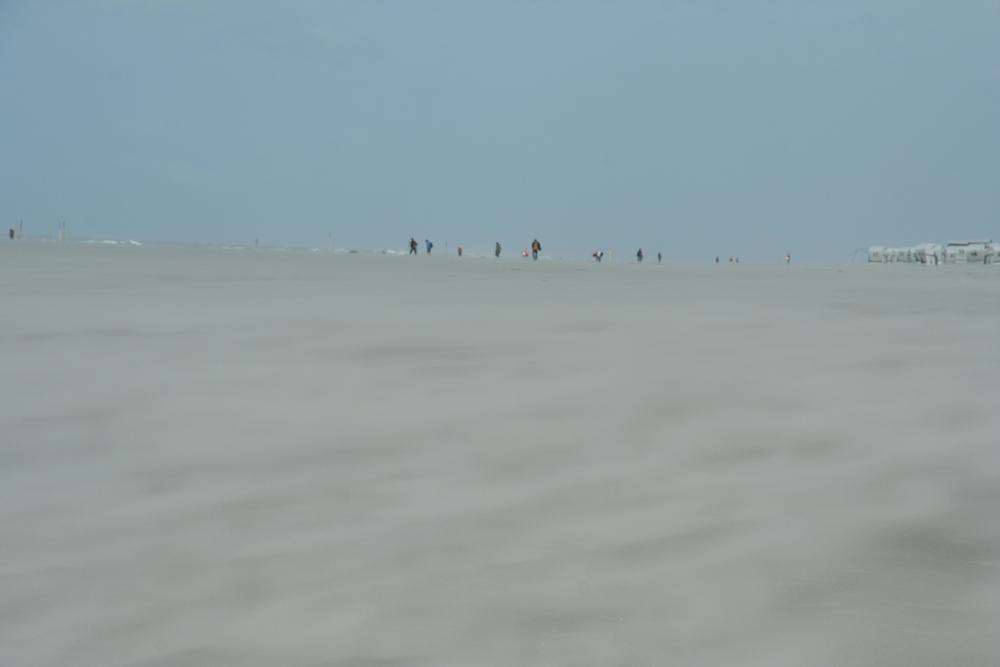 Sand is blown towards people walking on the beach. They are obscured by the sand ... waves of the north sea are only a guess at the horizon.
