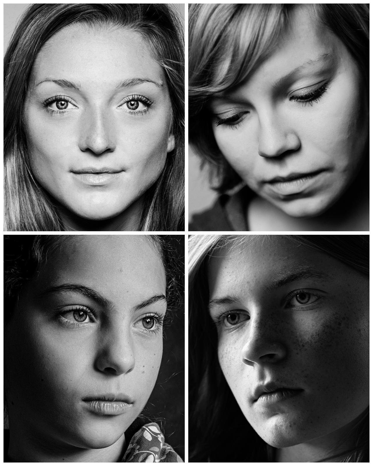Collage von 4 Bildern mit sehr nahen Gesichtsportraits von 4 unterschiedlichen jungen Frauen.