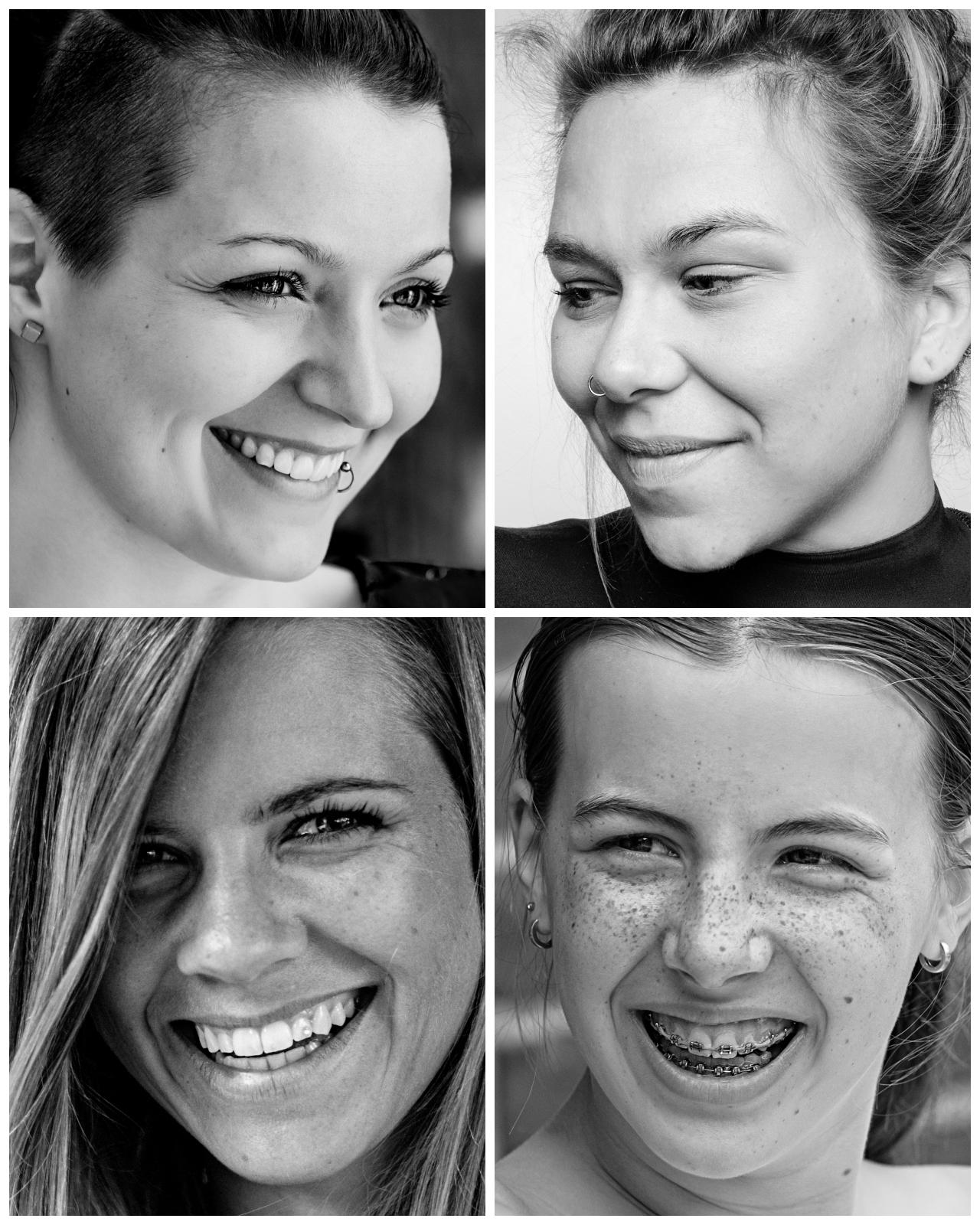 Collage von 4 Bildern mit sehr nahen Gesichtsportraits von 4 unterschiedlichen jungen Frauen.