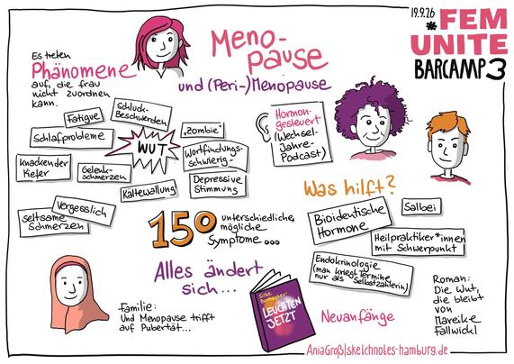© Ania Groß : Sketchnotes zu einem Erfahrungsaustausch zur (Peri-)Menopause. Welche Beschwerden, was hilft, Tipps, …
